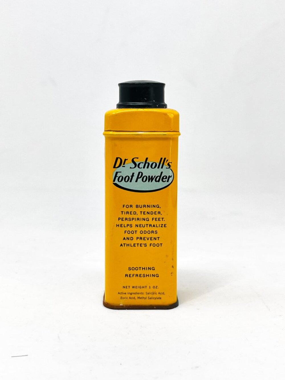 Vintage 1948 Dr Scholl's No. 34 Foot Powder 1 oz Metal Tin Steel Can Advertising